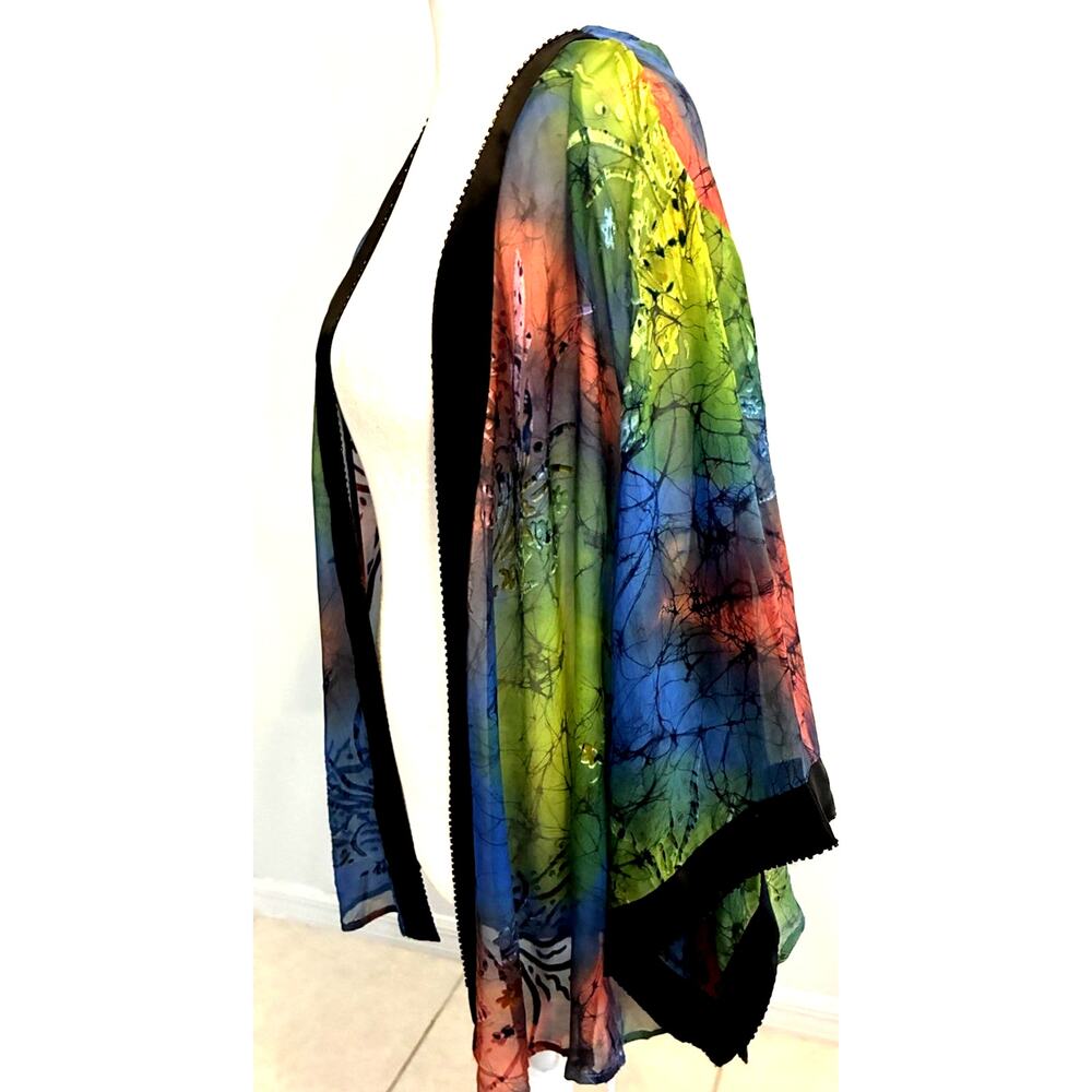 Simply Silk Sheer Kimono Cardigan Silk Floral Colorful Open Beaded Boho Asian L
